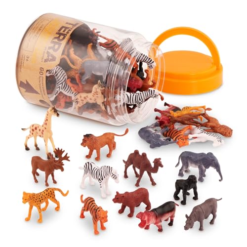 Terra 60-teilig Tierfiguren Sammlung Wildtiere Spielzeug Set – Löwe, Tiger, Zebra, Nilpferd, Elefant, Elch, Kamel und mehr – ab 3 Jahren, 2" von Terra by Battat