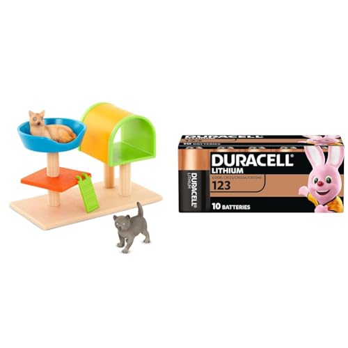 Terra Katzen Kratzbaum 3-teilig Spielzeug Set – 1 Kratzbaum, 2 Katzen – Tierfiguren und Zubehör Spielzeug für Kinder ab 3 Jahren + Duracell High Power Lithium 123 Batterie 3 V (CR123 / CR123A / CR1734 von Terra by Battat