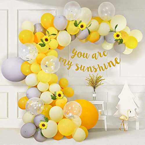 Gelbe Luftballons Bogen Girlande Kit, 128 Stück Pastell Gelbe Zitronengelb Graue Luftballons Silberkonfetti Ballons Sonnenblumen Thema Party Dekoration für Junge Mädchen Geburtstags Babyparty von Teselife