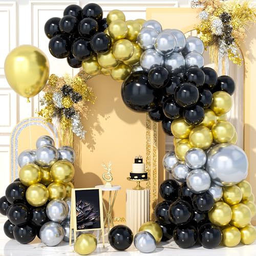 Teselife 126Pcs Schwarz Gold Silber Luftballons Bogen Kit, Schwarz Metallic Silber Gold Party Ballons Girlande Kit für Geburtstag Baby Shower Hochzeit Jahrestag Karneval Party Dekorationen Zubehör von Teselife