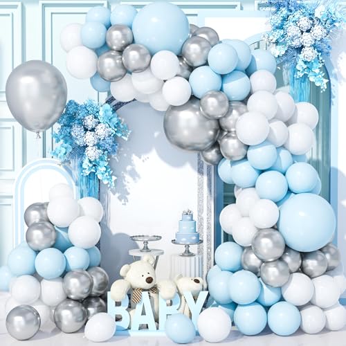 Teselife 137Pcs Blau Silber Weiß Luftballons Bogen Kit, Pastell Blau Metallic Silber Weiß Party Ballons Girlande Kit für Geburtstag Baby Shower Hochzeit Jahrestag Karneval Party Dekorationen Zubehör von Teselife