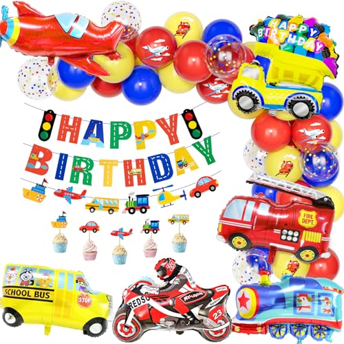 Teselife Autos Deko Kindergeburtstag, Geburtstag Luftballons Party Dekoration Alle Alter Jungen Kinder Cars Truck Feuerwehrfahrzeuge Motorrad Happy Birthday Banner Tortendeko Folienballon Partyzubehör von Teselife