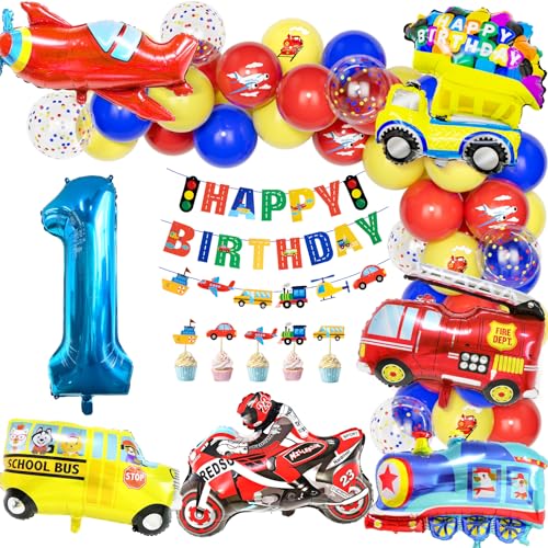 Teselife Autos Deko Kindergeburtstag 1, Geburtstag Luftballons Party Dekoration 1 Jahre Jungen Kinder Cars Truck Feuerwehrfahrzeuge Motorrad Zahlenballon Happy Birthday Banner Tortendeko Partyzubehör von Teselife