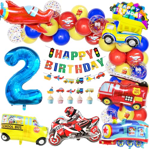 Teselife Autos Deko Kindergeburtstag 2, Geburtstag Luftballons Party Dekoration 2 Jahre Jungen Kinder Cars Truck Feuerwehrfahrzeuge Motorrad Zahlenballon Happy Birthday Banner Tortendeko Partyzubehör von Teselife