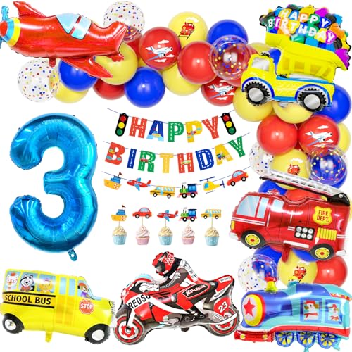 Teselife Autos Deko Kindergeburtstag 3, Geburtstag Luftballons Party Dekoration 3 Jahre Jungen Kinder Cars Truck Feuerwehrfahrzeuge Motorrad Zahlenballon Happy Birthday Banner Tortendeko Partyzubehör von Teselife