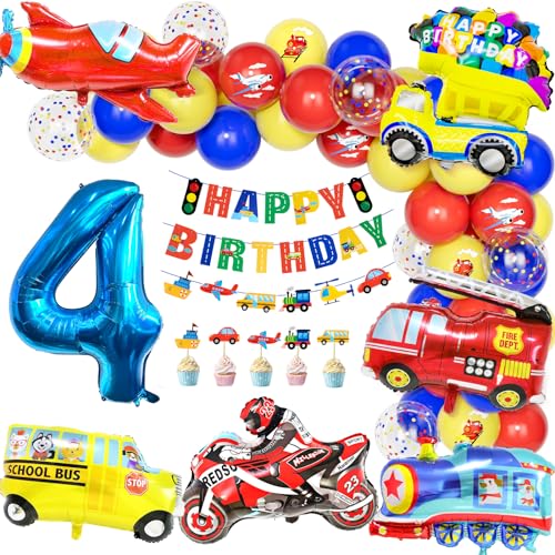 Teselife Autos Deko Kindergeburtstag 4, Geburtstag Luftballons Party Dekoration 4 Jahre Jungen Kinder Cars Truck Feuerwehrfahrzeuge Motorrad Zahlenballon Happy Birthday Banner Tortendeko Partyzubehör von Teselife