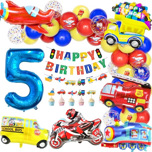 Teselife Autos Deko Kindergeburtstag 5, Geburtstag Luftballons Party Dekoration 5 Jahre Jungen Kinder Cars Truck Feuerwehrfahrzeuge Motorrad Zahlenballon Happy Birthday Banner Tortendeko Partyzubehör von Teselife