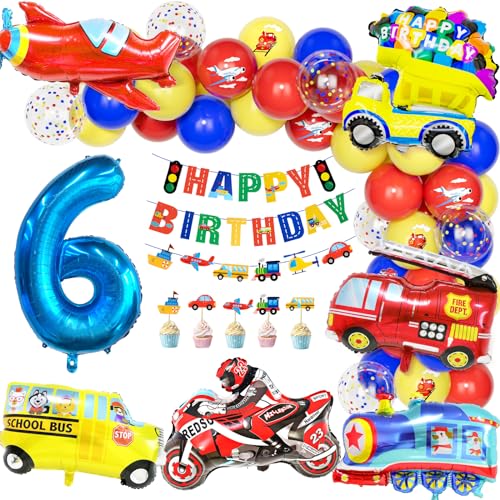 Teselife Autos Deko Kindergeburtstag 6, Geburtstag Luftballons Party Dekoration 6 Jahre Jungen Kinder Cars Truck Feuerwehrfahrzeuge Motorrad Zahlenballon Happy Birthday Banner Tortendeko Partyzubehör von Teselife