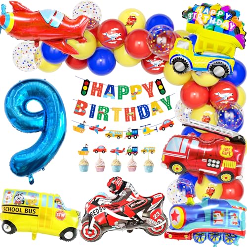 Teselife Autos Deko Kindergeburtstag 9, Geburtstag Luftballons Party Dekoration 9 Jahre Jungen Kinder Cars Truck Feuerwehrfahrzeuge Motorrad Zahlenballon Happy Birthday Banner Tortendeko Partyzubehör von Teselife