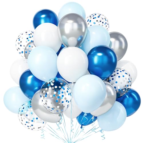 Teselife Blau Weiß Luftballons, 30Stück 12 Zoll Pastell Macaron Blau Weiß Metallic Blau Silber Konfetti Ballons Band Junge Kinder Geburtstag Hochzeit Verlobung Taufe Baby Shower Party Dekorationen von Teselife