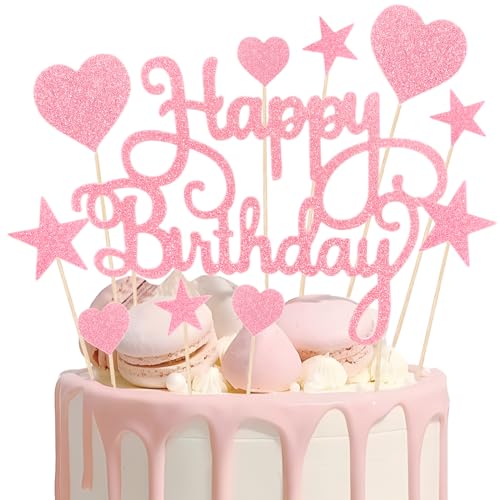 Teselife Happy Birthday Cake Topper Pink Cake Decoration 11pcs Birthday Cake Toppers Kit with Pink Stars Heart Shape Romantic Cupcake Cake Topper for Women Girls Birthday Theme Party Cake Decoration von Teselife