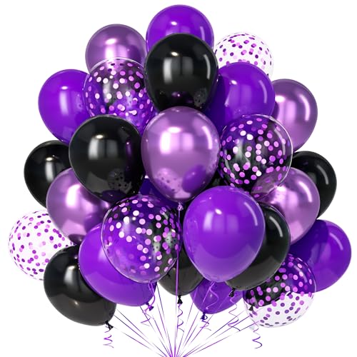 Teselife Lila Schwarz Luftballons, 30Stück 12 Zoll Schwarz Violet Dunkellila Metallic Lila Konfetti Ballons mit Band Mädchen Frauen Geburtstag Hochzeit Verlobung Halloween Baby Shower Party Dekoration von Teselife