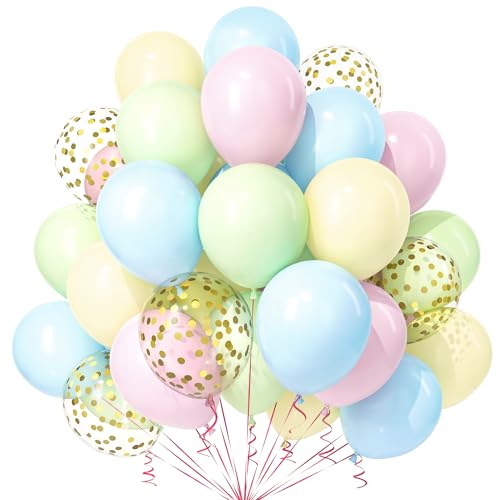 Teselife Pastell Luftballons, 30Stück 12 Zoll Pastell Macaron Blau Rosa Grün Gelb Gold Konfetti Ballons Junge Mädchen Kinder mit Band Geburtstag Hochzeit Verlobung Brautparty Baby Shower Dekorationen von Teselife