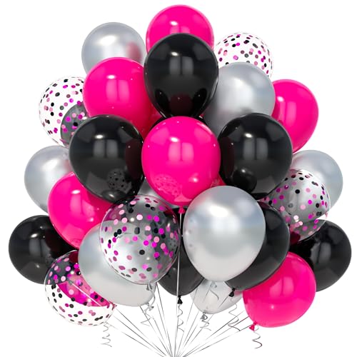 Teselife Rosa Schwarz Luftballons, 30Stück 12 Zoll Rosarot Schwarz Silber Konfetti Ballons mit Band Frauen Männer Geburtstag Hochzeit Verlobung Baby Shower Brautparty Jubiläum Maus Thema Party Dekora von Teselife