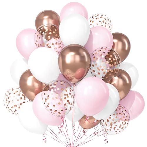 Teselife Rosa Weiß Luftballons, 30Stück 12 Zoll Roségold Pastell Macaron Rosa Weiß Metallic Rosegold Konfetti Ballons mit Band Mädchen Kinder Geburtstag Hochzeit Verlobung Taufe Baby Shower Party Deko von Teselife