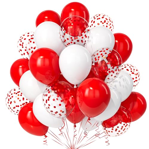 Teselife Rot Weiß Luftballons, 30Stück 12 Zoll Weiß und Rote Konfetti Ballons mit Band Frauen Männer Geburtstag Hochzeit Verlobung Valentinstag Jubiläum Absolvent Brautparty Baby Shower Party von Teselife