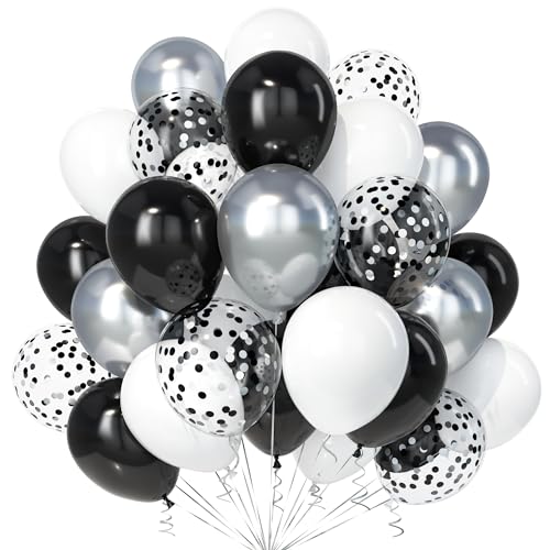 Teselife Schwarz Weiß Luftballons, 30Stück 12 Zoll Weiße Schwarz Silber Konfetti Ballons Frauen Männer mit Band Geburtstag Hochzeit Verlobung Brautparty Baby Shower Abschlussfeier Party Dekorationen von Teselife