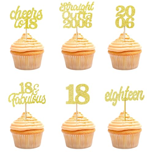 Teselife Tortendeko 18 Geburtstag Junge Mädchen, 24 Stück Glitzer Gold 18. Geburtstag Cupcake Topper Geburtstagsdeko von 2006 für 18er Geburtstag Party Torten Kuchen Deko von Teselife