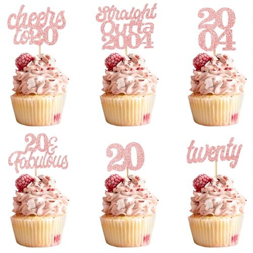 Teselife Tortendeko 20 Geburtstag Frau Mann, 24 Stück Glitzer Rose Gold 20. Geburtstag Cupcake Topper Geburtstagsdeko von 2004 für 20er Geburtstag Party Torten Kuchen Deko von Teselife