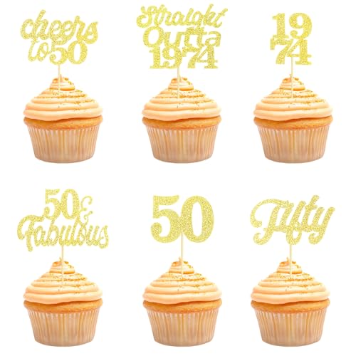 Teselife Tortendeko 50 Geburtstag Frau Mann, 24 Stück Glitzer Gold 50. Geburtstag Cupcake Topper Geburtstagsdeko von 1974 für 50er Geburtstag Party Torten Kuchen Deko von Teselife