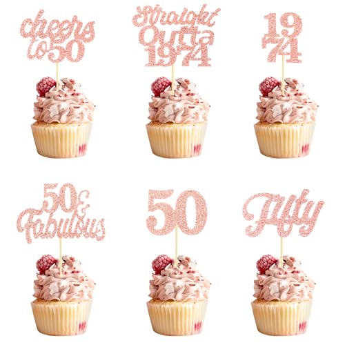 Teselife Tortendeko 50 Geburtstag Frau Mann, 24 Stück Glitzer Rose Gold 50. Geburtstag Cupcake Topper Geburtstagsdeko von 1974 für 50er Geburtstag Party Torten Kuchen Deko von Teselife