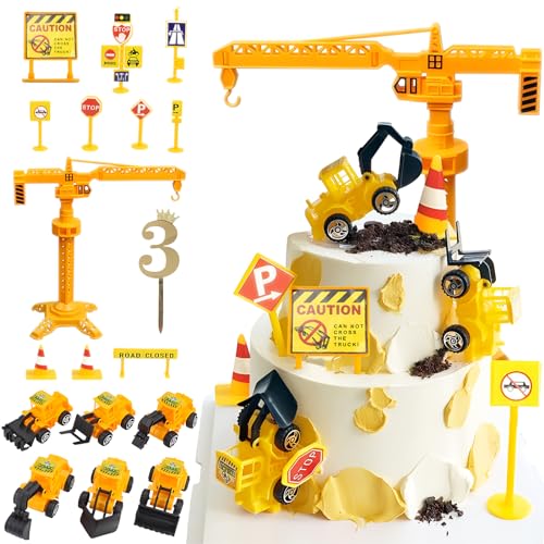 Tortendeko Baustelle 3 Jahre, Bagger Kuchendeko 3. Geburtstag Junge, Verkehrsschilder Torte Kuchen Deko Cake Topper, Miniatur Baustelle Wichtel Spielzeug Geburtstagsdeko für Kinder Junge von Teselife