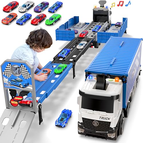 Transport Truck Spielzeugautos für Jungen,Tragbares Rennbahn Truck Spielzeugauto mit 8 Rennautos,Transporter Fahrzeug Spielzeug Set Geschenk für 3 4 5 6 7 8 9 10-12 Jahre Kinder Jungen Mädchen von Tesok