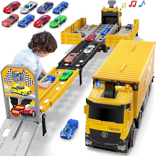 Transport Truck Spielzeugautos für Jungen,Tragbares Rennbahn Truck Spielzeugauto mit 8 Rennautos,Transporter Fahrzeug Spielzeug Set Geschenk für 3 4 5 6 7 8 9 10-12 Jahre Kinder Jungen Mädchen von Tesok