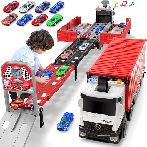 Transport Truck Spielzeugautos für Jungen,Tragbares Rennbahn Truck Spielzeugauto mit 8 Rennautos,Transporter Fahrzeug Spielzeug Set Geschenk für 3 4 5 6 7 8 9 10-12 Jahre Kinder Jungen Mädchen von Tesok