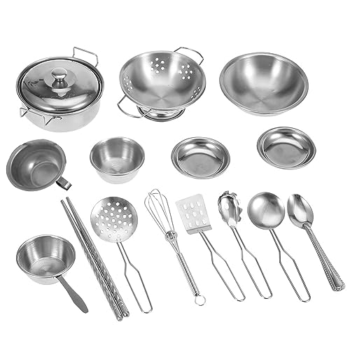 Kinderküche Zubehör, Küchenspielzeug Kochutensilien Set Küchenspielzeug aus Edelstahl Rollenspielzeug für Kleinkinder Verkleidungsspiele Töpfe und Pfannen, 16 pcs, Silber von Tevimpeya