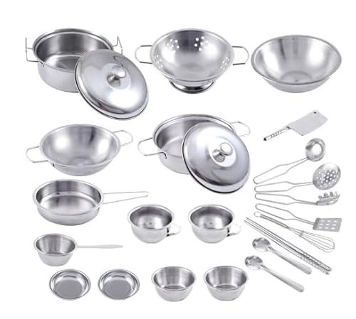 Kinderküche Zubehör, Küchenspielzeug Kochutensilien Set Küchenspielzeug aus Edelstahl Rollenspielzeug für Kleinkinder Verkleidungsspiele Töpfe und Pfannen, 25 pcs, Silber von Tevimpeya