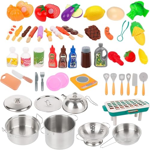 Pretend Cooking Playset, Kinderküchenspielzeugzubehör | 53-teiliges Töpfe- und Pfannenset für Kinder mit Spielnahrung - Spielküchenzubehör Kleinkind-Kochset Rollenspieltöpfe und -pfannen Lernküchenwer von Tewzafiya