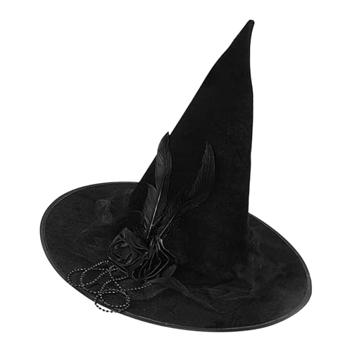 Tewzafiya Halloween Hexenhut,Hexenhut - Schwarzer Zaubererhut Halloween-Kostüm - Perlenketten, Federdekor, Kostümparty, Cosplay-Zubehör für Halloween von Tewzafiya