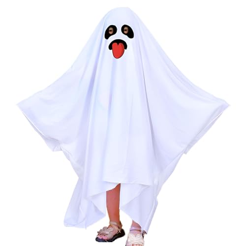 Tewzafiya Weißes Laken-Geisterkostüm, Kinder-Halloween-Kostüm Geist, Weißer Laken-Mantel-Umhang, Cosplay-Outfits, Rollenspielzubehör für und Mädchen, Halloween-Kostüme für gruseligen Spaß von Tewzafiya