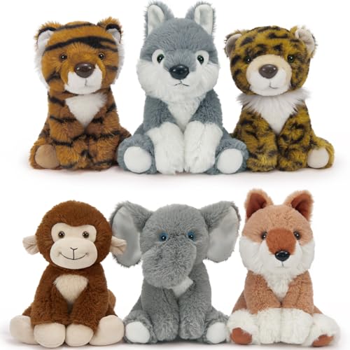 Tezituor 6 Stück Wald Stofftiere Bulk, 19,8 cm Plüsch Wolf Tiger Gepard Elefant Fuchs Affe Spielzeug Tier Motto Party Dekoration für Kinder von Tezituor