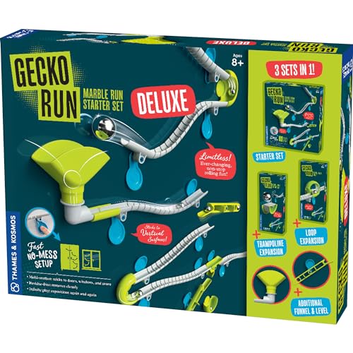 Gecko Run Kugelbahn Deluxe-Starter-Set von Thames & Kosmos - Vertikale Kugelbahn mit flexiblen Schienen, Loop- & Trampolin-Tricks, schnelle, saubere Einrichtung, rückstandsfreie Nano-Klebepads für von Thames & Kosmos