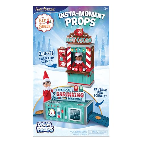 The Elf on the Shelf Insta-Props 2-in-1-Szenen-Kit mit reversibler Pop-Out-Hintergrund – Hot Cocoa Stand und Magic Shrinking Machine Szenen mit Zubehör von The Elf on the Shelf