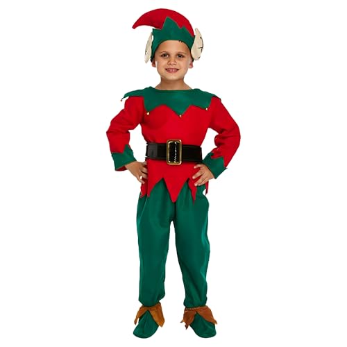 The Fancy Dress Elfenkostüm für Kinder, Jungen und Mädchen, Weihnachts-Kostüm, freche Elfen, rotes Oberteil, grüne Hose, Elfenhut mit angenähten Ohren, Gürtel und Stiefeln – (10 bis 12 Jahre) von The Fancy Dress