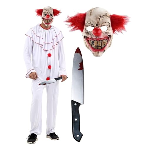 The Fancy Dress Gruseliges Clown-Kostüm, Halloween-Kostüme für Erwachsene, Horror-Clown-Maske mit Blutmesser, böses Clown-Kostüm für Herren, gruseliges Clown-Outfit, Größe S von The Fancy Dress