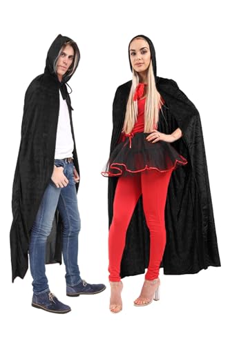 The Fancy Dress Halloween-Kostüm-Umhang mit Kapuze, langer schwarzer Kapuzenmantel für Damen und Herren, Schwarzer Samt, 65 inches von The Fancy Dress