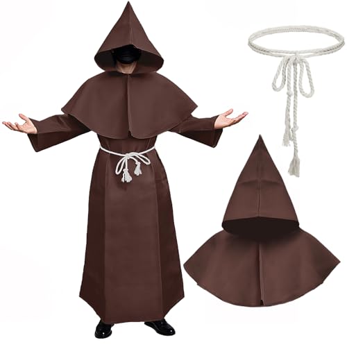 The Fancy Dress Halloween-Mönchskostüm, mittelalterlicher Kapuzenumhang, Renaissance-Priesterrobe mit Taillenseil, Erwachsene, Zauberer, Vicar, Teufel, Kostüm-Outfits für Herren, Braun, Größe L von The Fancy Dress