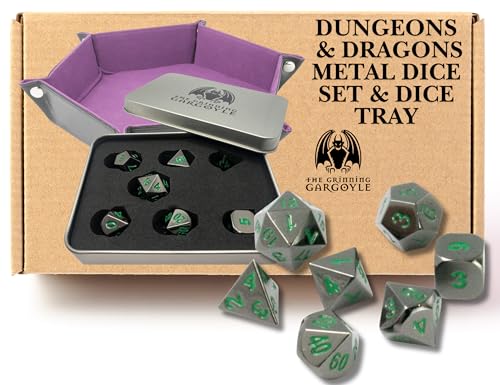 Metallwürfelset D&D – 7 Würfel, polyedrisches Würfelset aus Metall mit Geschenkbox – sechseckiges lila DND-Rolltablett für RPG-Tischspiele – DND-Würfeltablett – Dungeons and Dragons-Würfeltablett von The Grinning Gargoyle