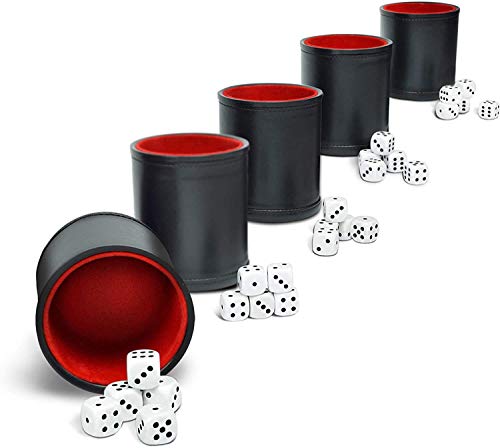 Professionelles Würfelbecher-Set – Fünf schwarze Shaker-Becher mit rotem Filzfutter – Hochwertiges PU-Leder – Enthält 25 weiße 6-seitige Punktwürfel – Leiser Würfel-Shaker für das Perudo-Spiel von The Grinning Gargoyle