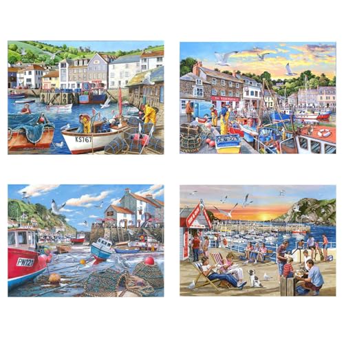 The House of Puzzles Days At The Dock Jigsaw Set - 4 x 500 Piece Jigsaws For Adults, Multi Puzzle Pack, Artist Illustrated, Deluxe Puzzle Gifts, Sustainably Made von The House of Puzzles