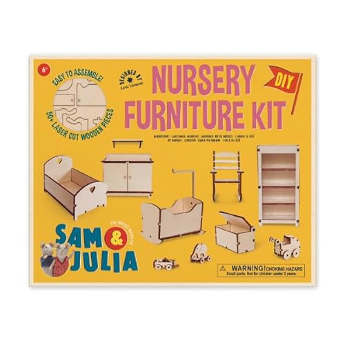 Sam & Julia - Bausatz Babyzimmer – Puppen-Möbel 1/12 für Puppenhaus oder Puppenstube zum selber basteln – Bastel-Set mit: Babybett, Wiege, Wickeltisch, Garderobe, Schaukelstuh von The Mouse Mansion