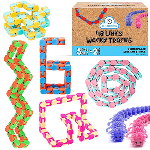 48 Links Wacky Tracks Snap and Click Toy Set - 5-Stük Wacky Tracks Schnappen und Klicken Fidget Sensorische Spielzeug für Kinder mit 2 Raupe Stretchy Strings - Anti-Stress Ketten Spielzeug Set von The Penguin Crafts