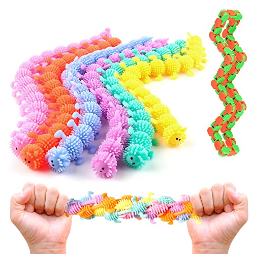 The Penguin Crafts Sensory Stretchy Strings - 6-Pack Sensorische Fidget Stretch Spielzeug zur Stressreduzierung - Raupe Stretchy String Spielzeug Kinder 48 Links Wacky Tracks Snap and Click Spielzeug von The Penguin Crafts