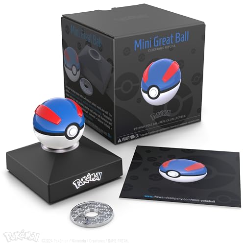 The Wand Company Mini-Pokéball-Repliken, realistische, elektronische, druckgegossene Pokébälle mit Displayständer und Lichtfunktionen – offizielles Lizenzprodukt von Pokémon (Mini Great Ball) von The Wand Company