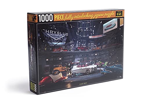 Fallout Puzzle 1000 Teile – Eine ruhige Nacht – zeigt den Chryslus Showroom After All The Hustle and Bustle, Full of automatisierten Wächter, die die neuen Chryslus Fahrzeuge bewachen von The Wand Company