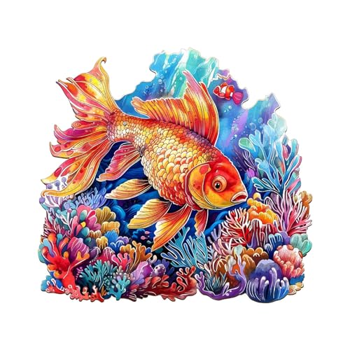 TheGiffter Holzpuzzle Erwachsene, Tier Landschaft Unregelmäßige Einzigartige Form Puzzleteile Geschenkbox, Holz Puzzle Erwachsene (Schöner Goldfisch S-21.5 * 20cm-100pcs) von TheGiffter